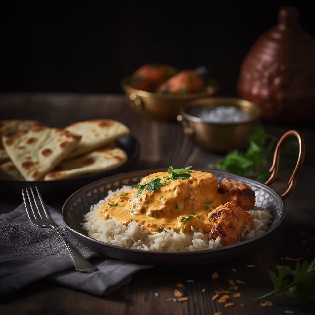 A vibrant plate of butter chicken with rich gravy and warm naan in the background.