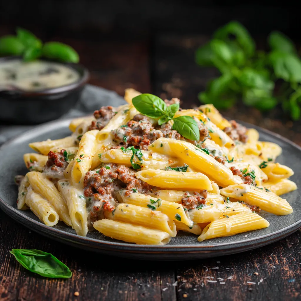 An appetizing bowl of high protein creamy beef pasta, featuring ground beef and parmesan.