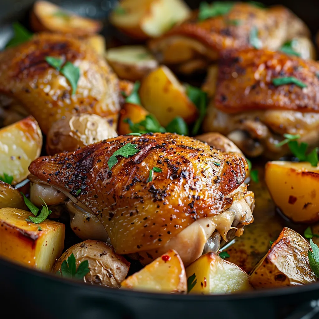 A savory one-pot dinner featuring glistening chicken, fluffy rice, and bright vegetables under soft natural light.