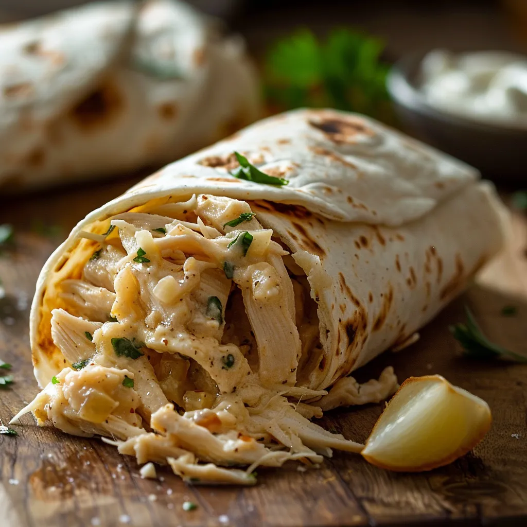 An appetizing view of a cheesy chicken wrap, featuring garlic and parsley, on a rustic surface.