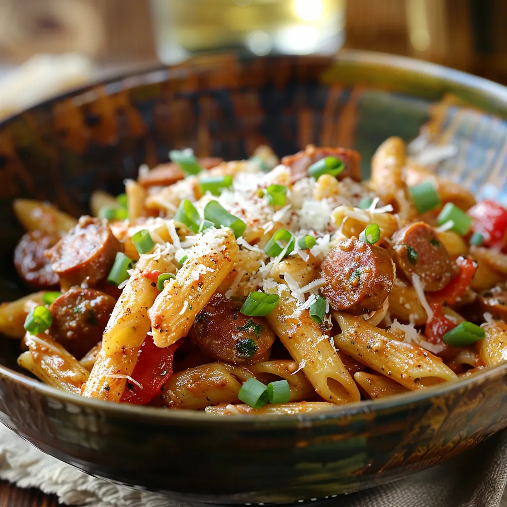 Detailed shot of creamy Cajun sausage pasta, showcasing its rich texture and garnished with green onions.
