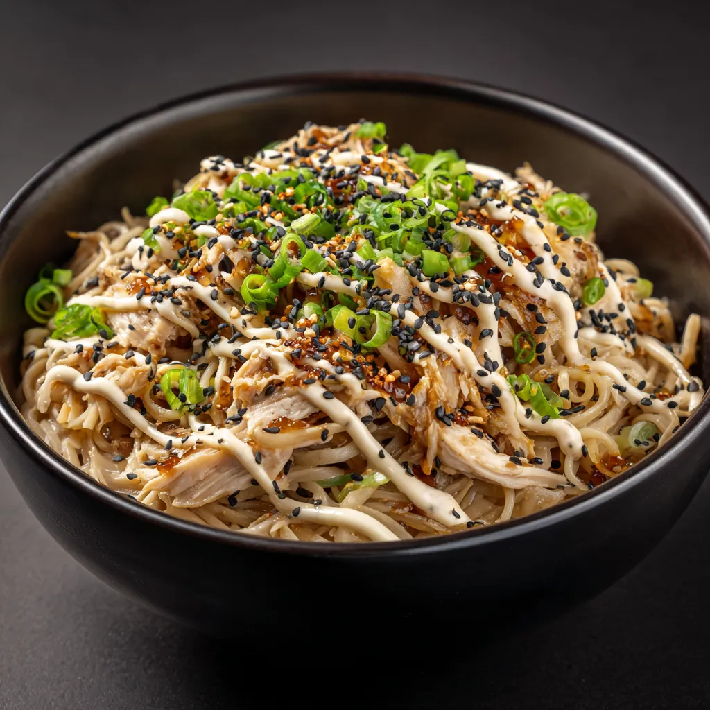 A beautifully arranged dish of sticky garlic chicken noodles featuring glistening chicken slices and fresh herbs.