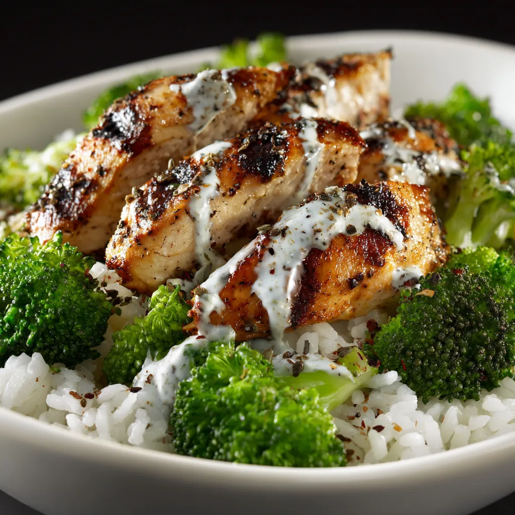 Healthy dinner bowl with grilled chicken, broccoli, and a creamy dressing, captured in warm lighting.