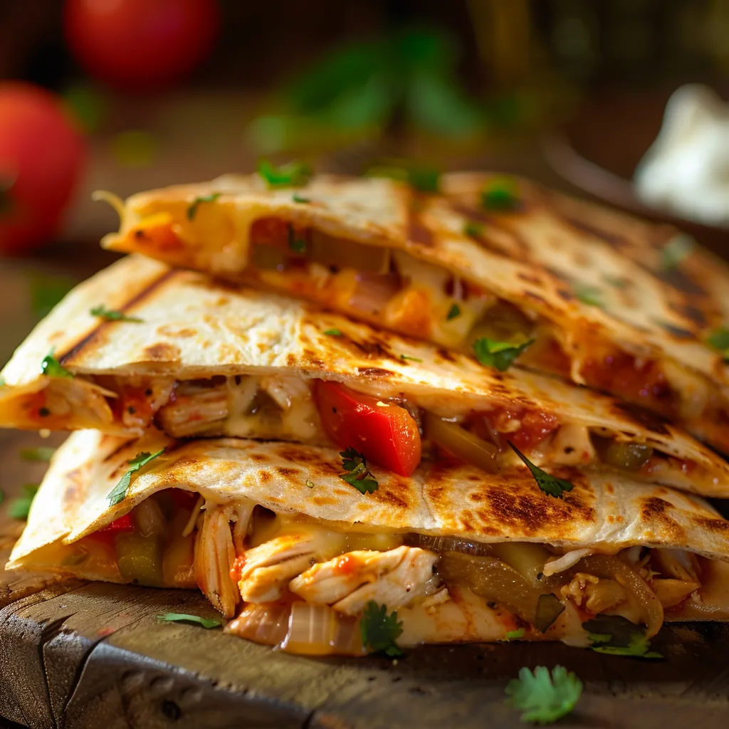 A delicious chicken quesadilla cut into wedges, showcasing its cheesy interior and served alongside salsa in a soft-lit setting.