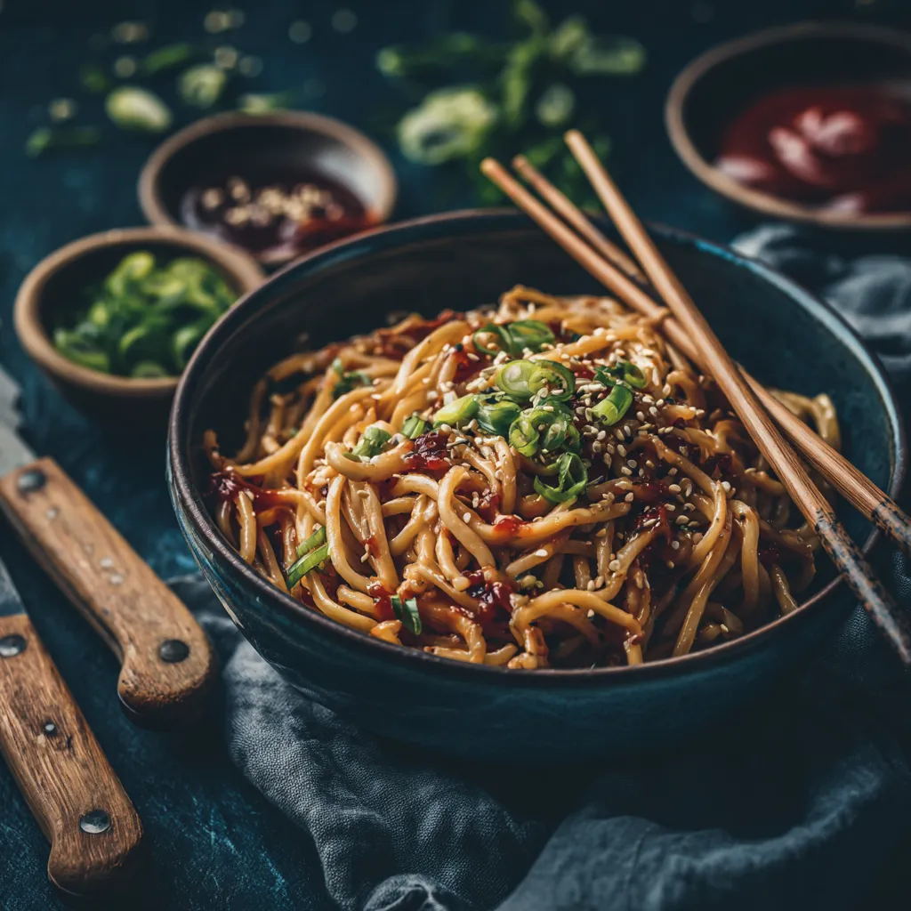Delicious vegan ramen noodles with a rich sauce and fresh toppings, showcased in a professional food photography style.
