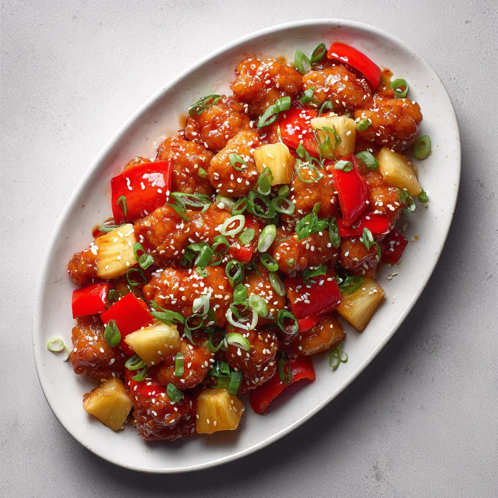 Plate of Sweet & Sour Chicken featuring cubed chicken, bell peppers, and pineapple in warm lighting.