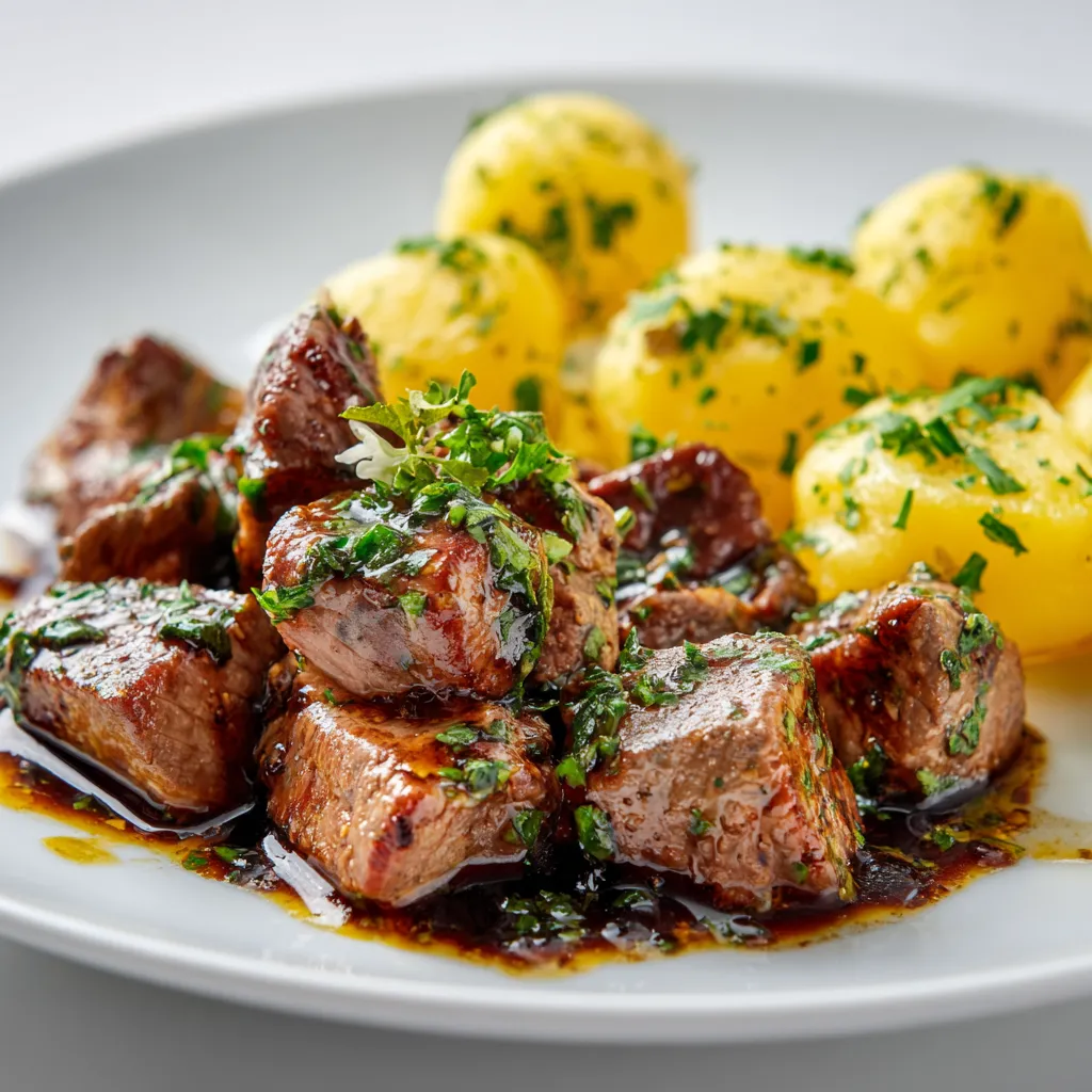 Detailed shot of garlic butter steak bites and potatoes, showcasing rich textures and natural light.