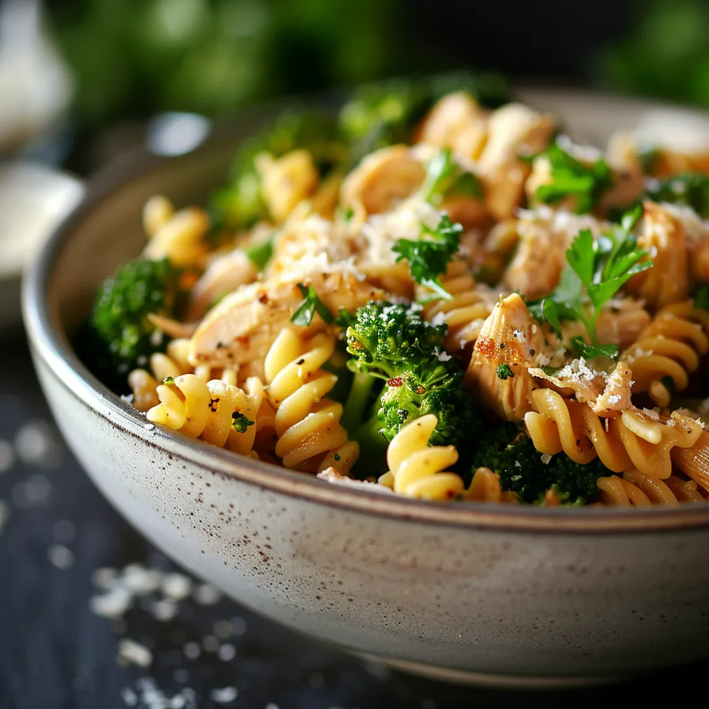Delicious rotisserie chicken pasta with broccoli in a cozy setting, showcasing rich textures and colors.