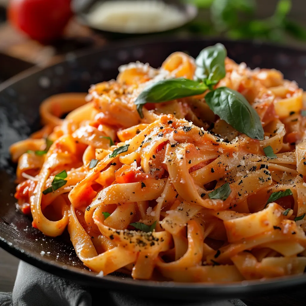 A bowl of pasta featuring diced tomatoes and garlic, garnished with basil leaves, showcasing warm hues.