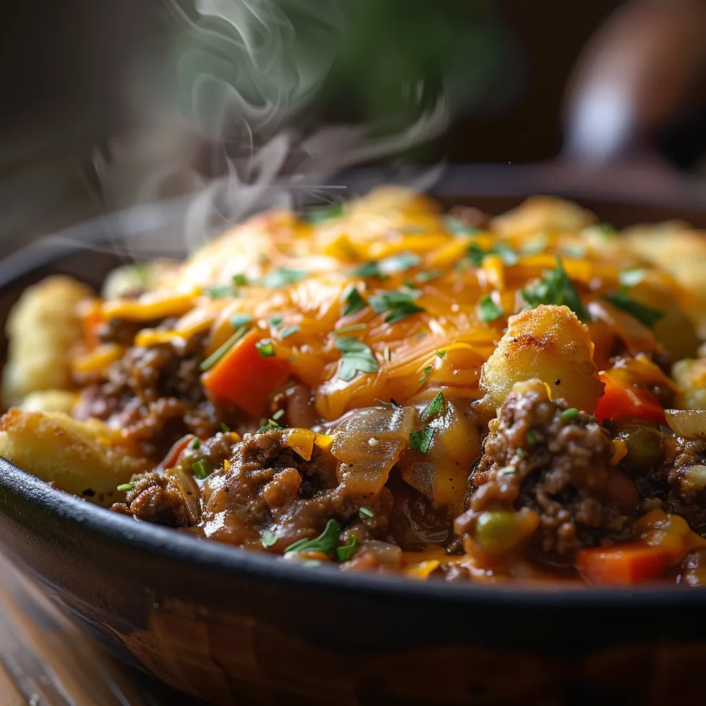 Appetizing Hobo Casserole with golden tater tots and a cheesy topping, set against a blurred background.