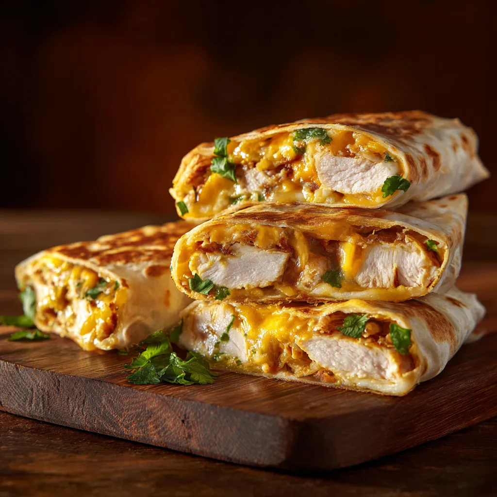 Delicious garlic chicken wrap with a soft tortilla, filled with creamy cheese and shredded chicken.
