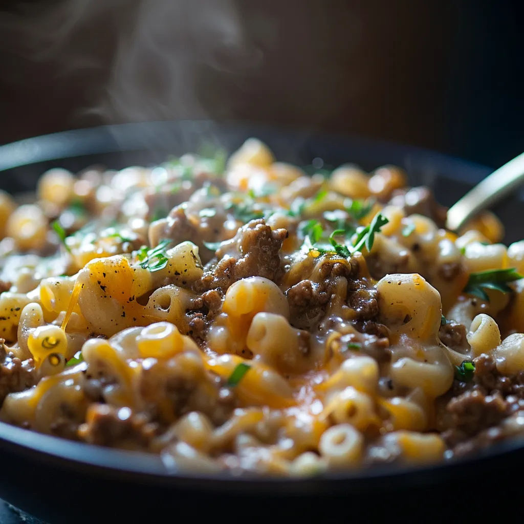 Delicious Homemade Hamburger Helper served in a rustic bowl, highlighting the texture of the pasta and ground beef.