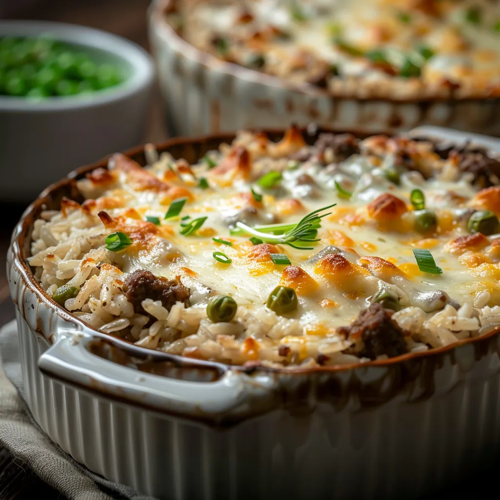 A richly textured creamy beef and rice bake in a cozy kitchen setting, with soft shadows highlighting its ingredients.