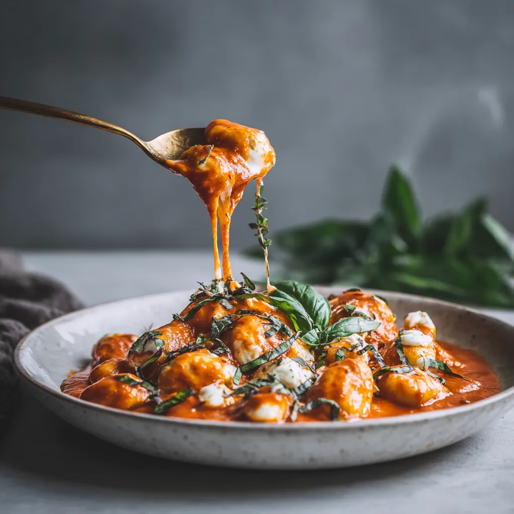 Delicious creamy tomato garlic pasta presented in a cozy setting with soft shadows.