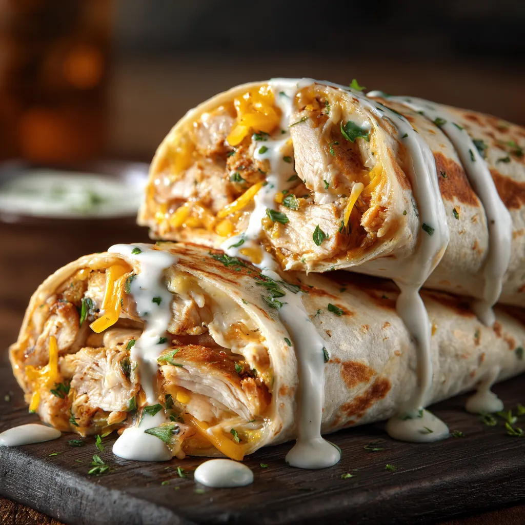 A warm, inviting shot of a stuffed chicken wrap with creamy cheese and garlic, surrounded by soft shadows.