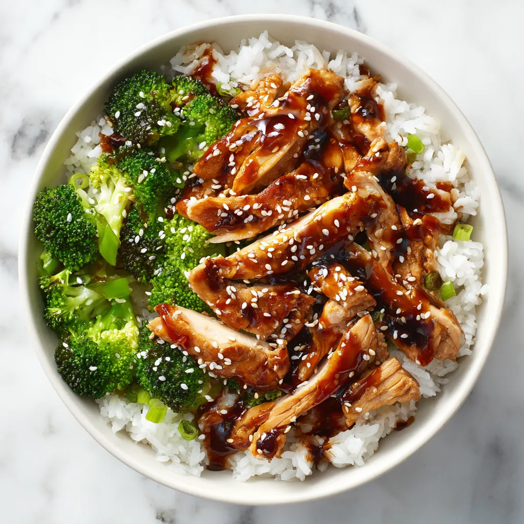 Tasty sticky chicken rice bowl featuring tender chicken, jasmine rice, and sesame garnish.