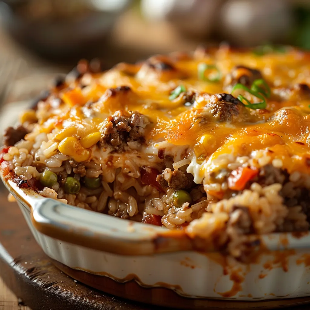 A vibrant close-up of a Cheesy Hamburger Rice Casserole, highlighting the creamy texture and colorful ingredients within the dish.