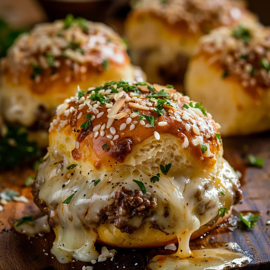 Mouthwatering Garlic Parmesan Cheeseburger Bombs displayed in an inviting manner, highlighting their cheesy interior and appetizing garnishes.
