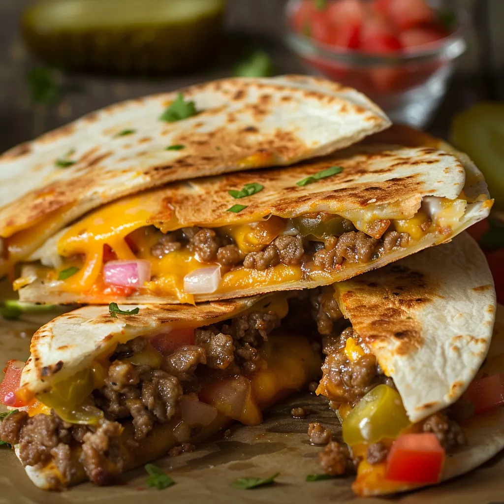 Gourmet presentation of Smashburger Quesadillas, highlighting crispy tortillas and colorful fillings in a soft-focus setting.