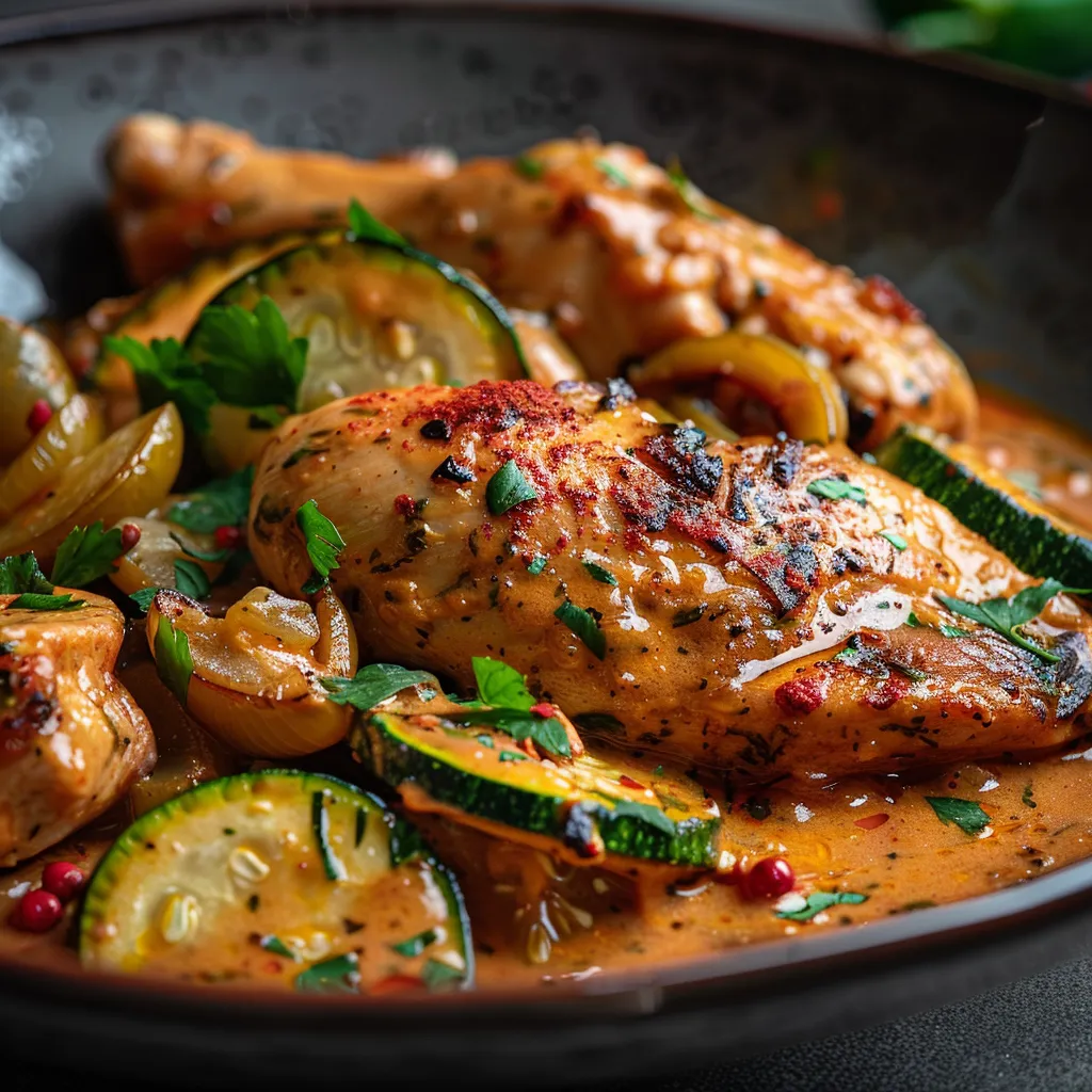 Plate of paprika-infused chicken with zucchini, garnished with parsley.