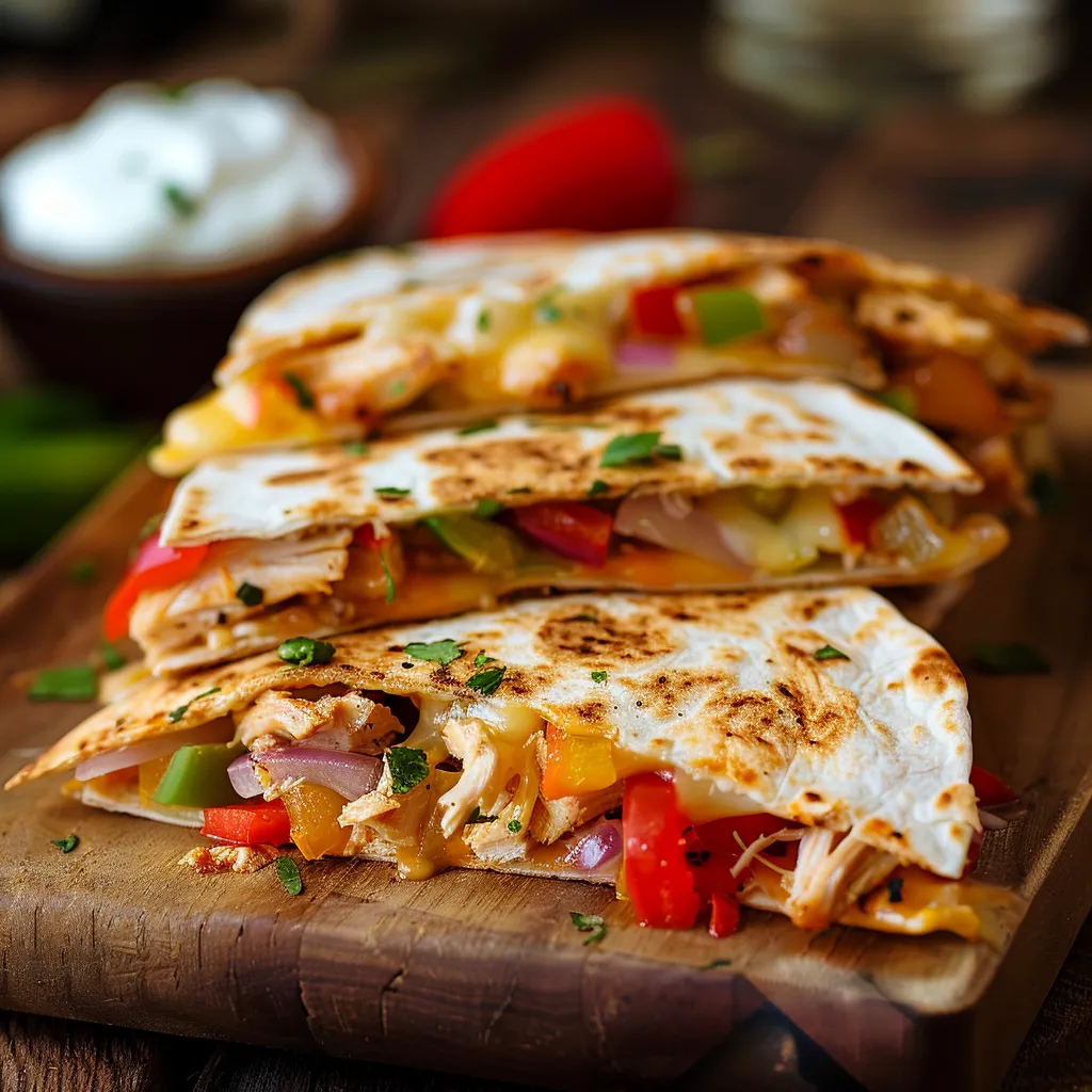 A beautifully shot chicken quesadilla showcasing its texture, with a cozy background and warm lighting.