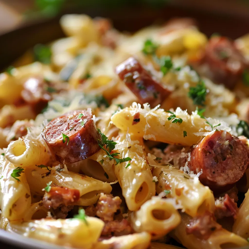 Close-up of pasta with sliced smoked sausage, creamy sauce, and fresh spinach, highlighted by soft shadows.