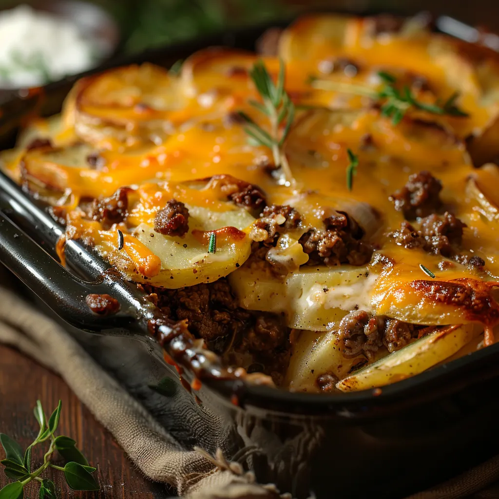 A warm Cheesy Ground Beef & Potato Casserole, featuring a bubbly cheese layer and beautifully arranged potatoes.