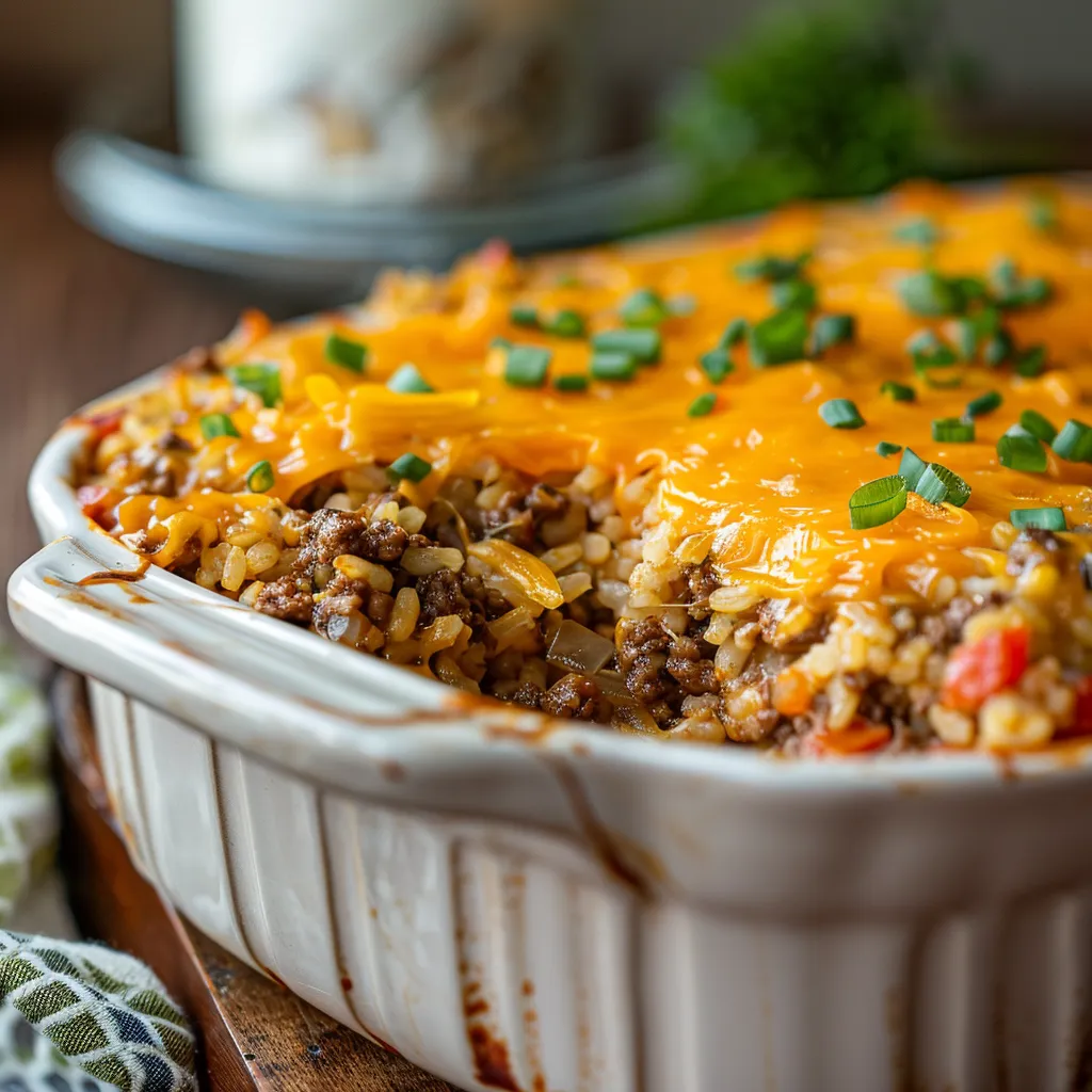 An appetizing Cheesy Hamburger Rice Casserole, featuring ground beef, rice, and melted cheese in a cozy setting.