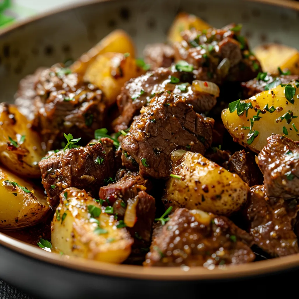 A cozy plate of slow-cooked beef chunks and baby potatoes in rich sauce, beautifully presented.