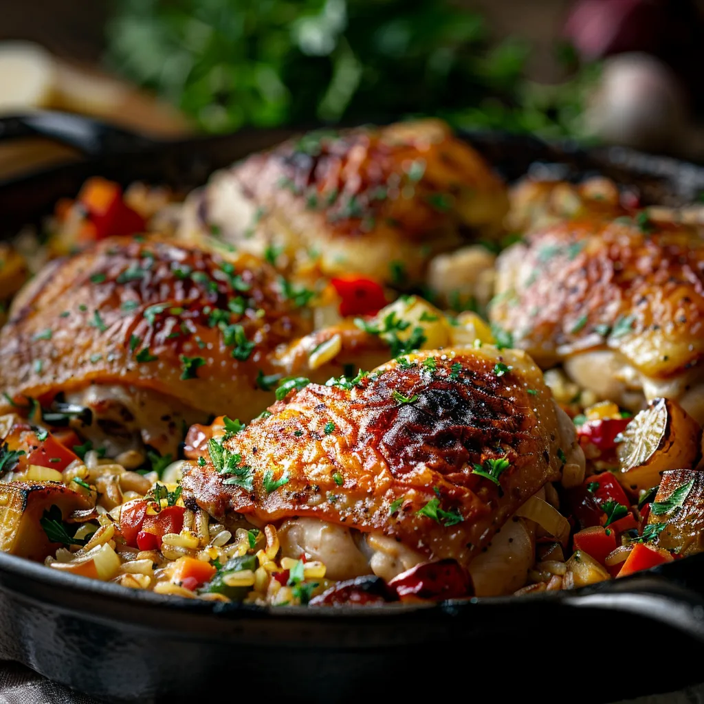 An inviting One-Pan Chicken and Rice Bake, highlighting tender chicken and fluffy rice.