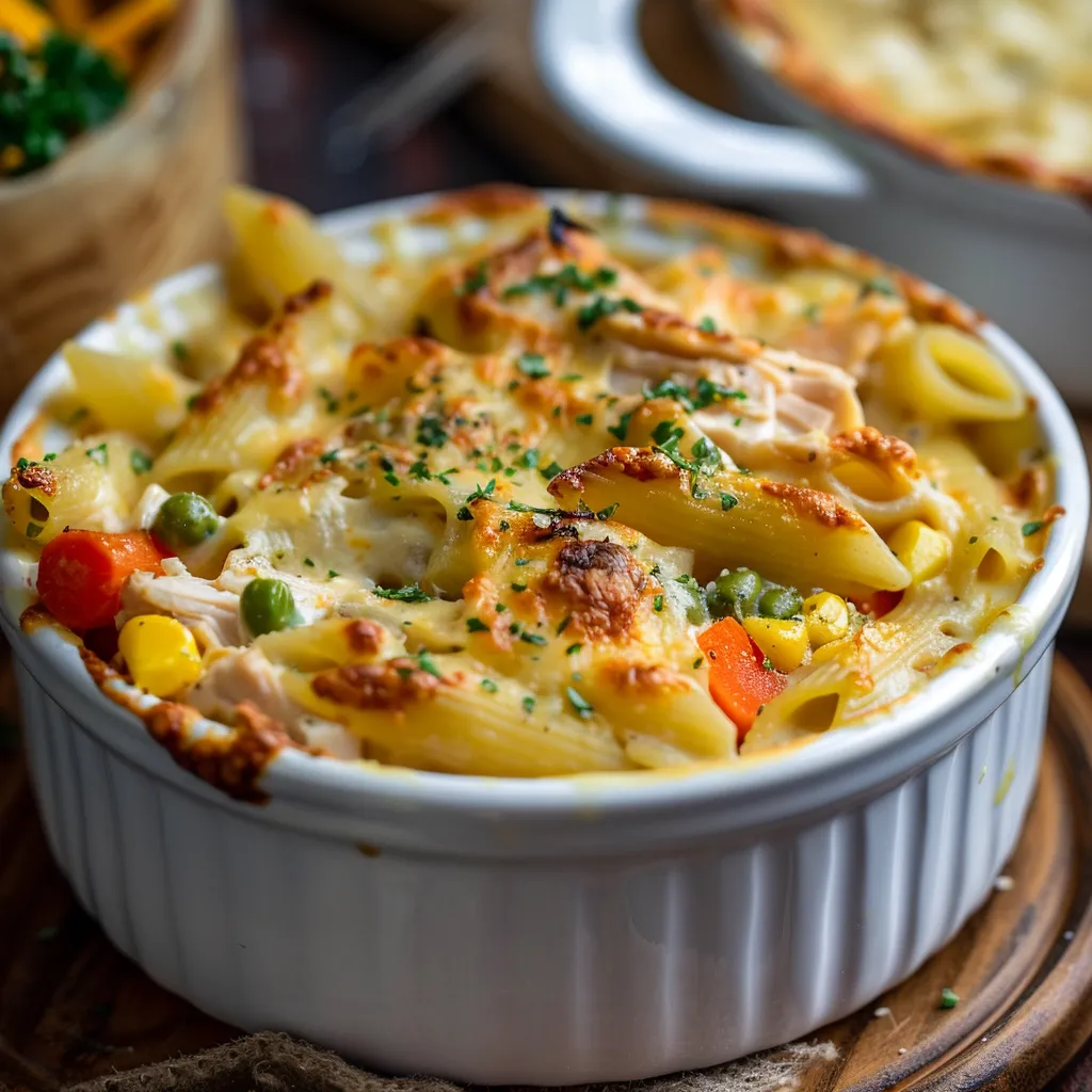 Detailed image of a serving of chicken pot pie pasta featuring colorful vegetables and a rich sauce.