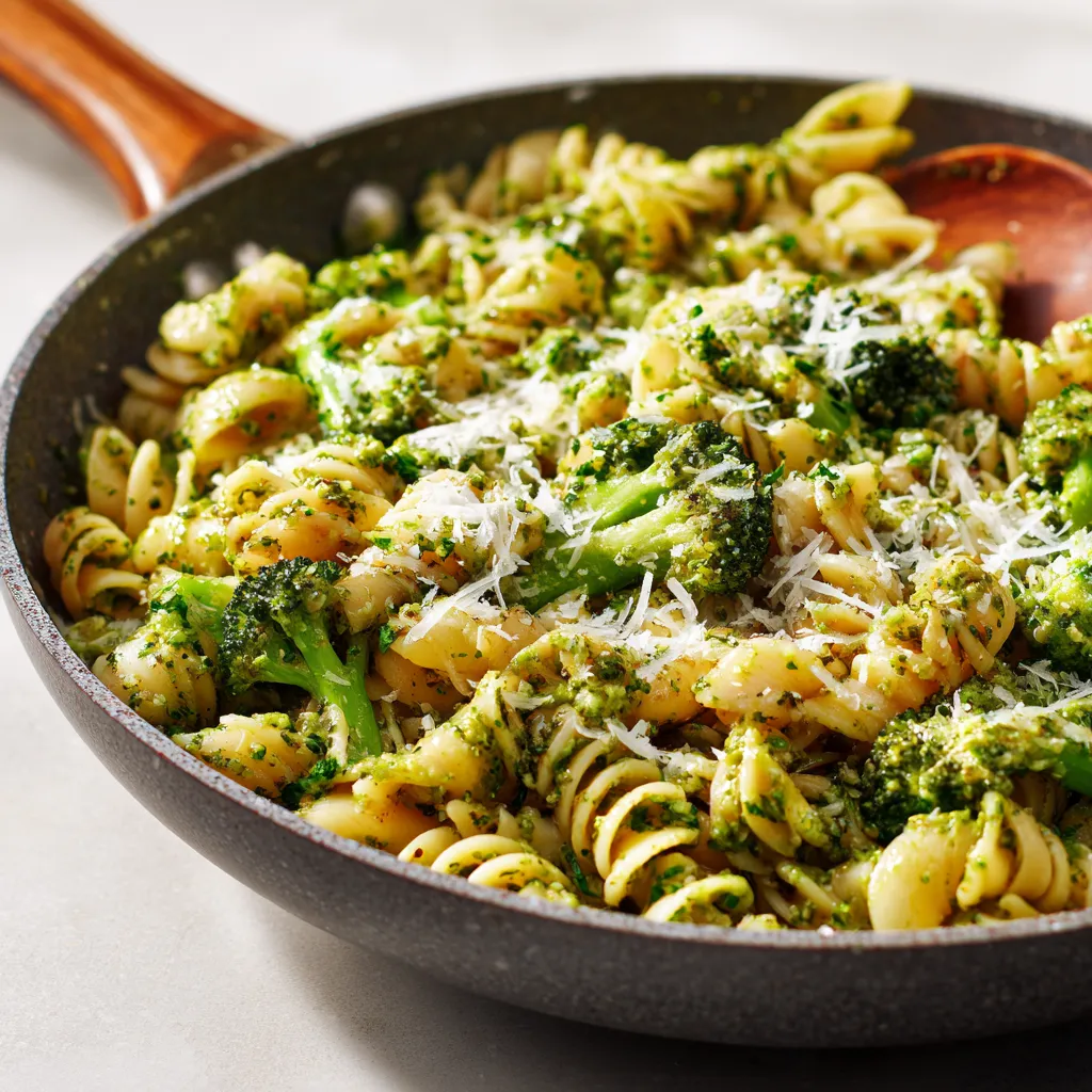 Eye-level shot of healthy broccoli pasta, showcasing its texture and fresh ingredients.