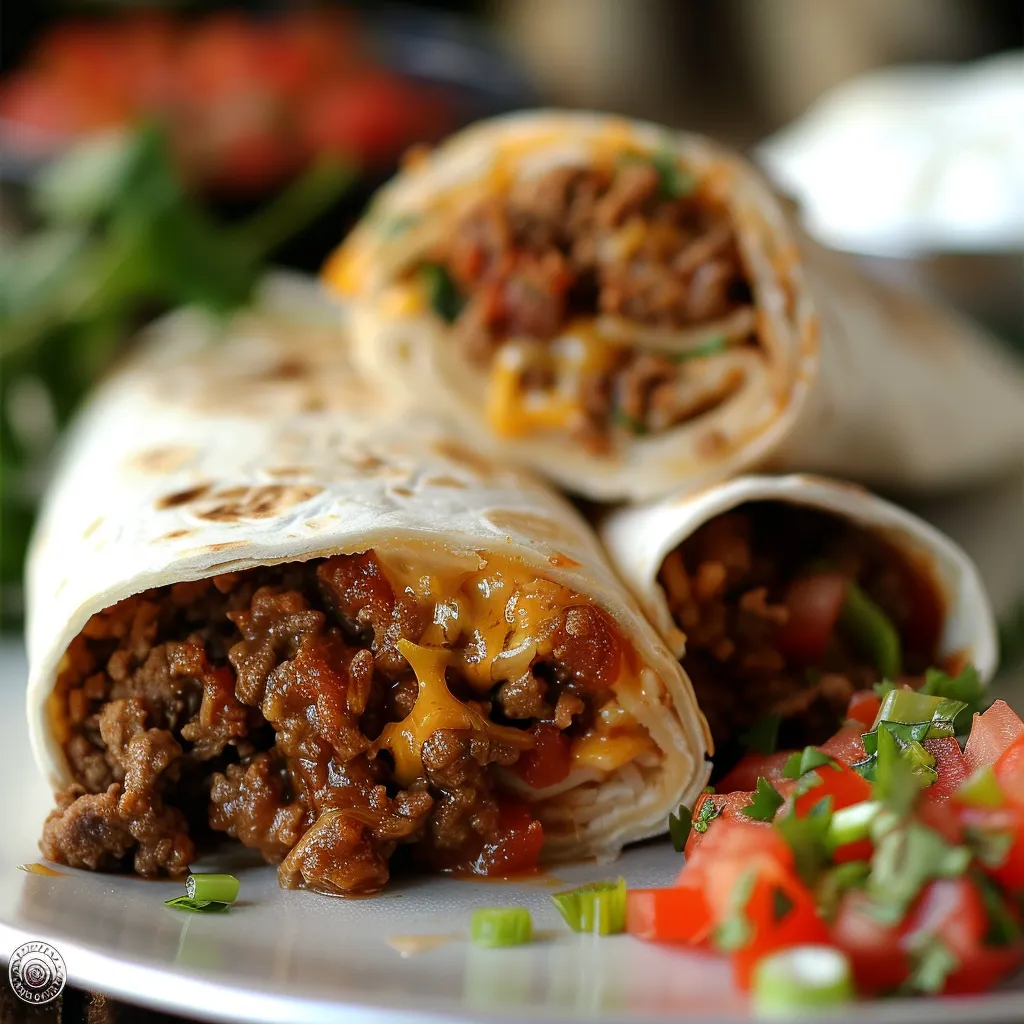 Deliciously wrapped burrito showcasing ground beef, melted cheese, and salsa, against a softly blurred background.