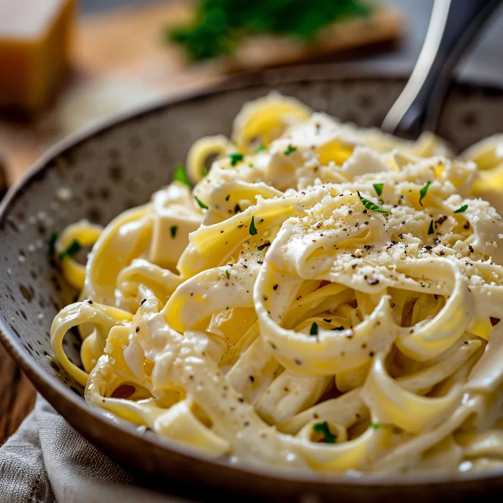 A detailed image of creamy garlic tagliatelle, featuring cloves of garlic and a sprinkle of parmesan.