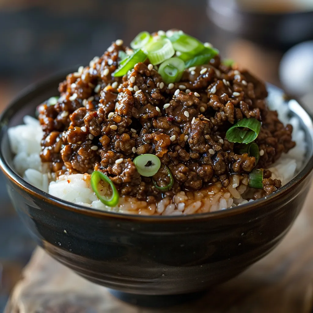 An appetizing ground beef bowl with cooked rice, vegetables, and sesame seeds, captured in warm natural light.