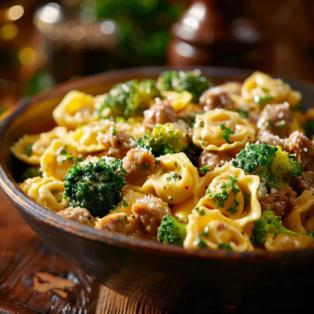 Detailed image of a creamy Garlic Parmesan Tortellini dish with sausage and broccoli, focusing on texture and color.