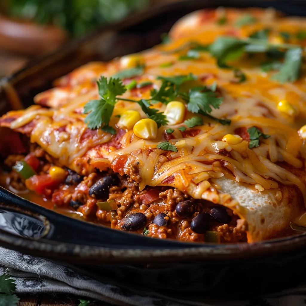A plate of loaded ground beef enchiladas with melted cheese and enchilada sauce, featuring a warm ambiance.