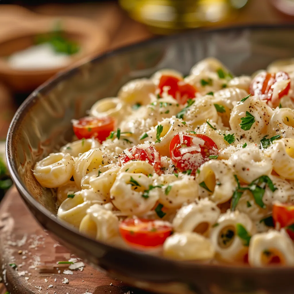 Eye-level shot of rich creamy ranch pasta, showcasing its texture and vibrant colors against a blurred background.