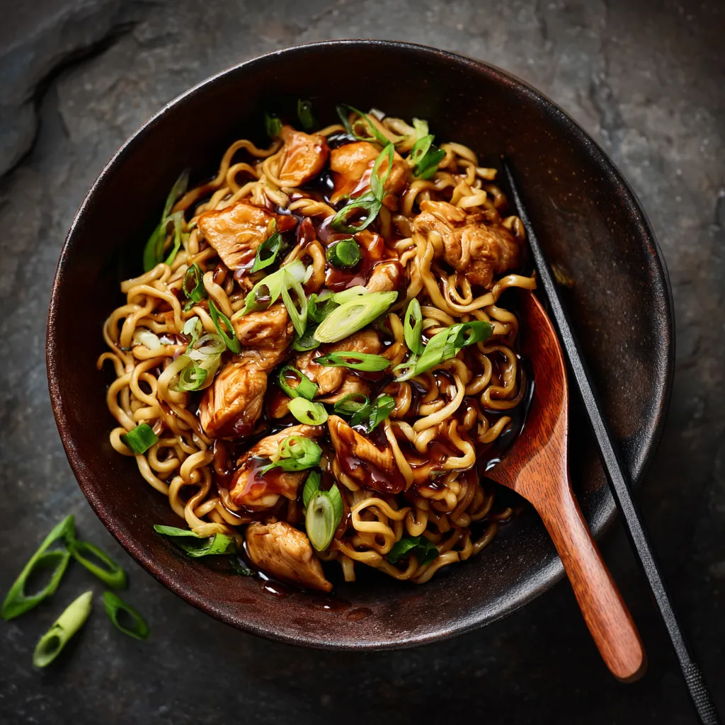 An eye-level view of sticky garlic chicken noodles arranged beautifully with a soft, blurred background.