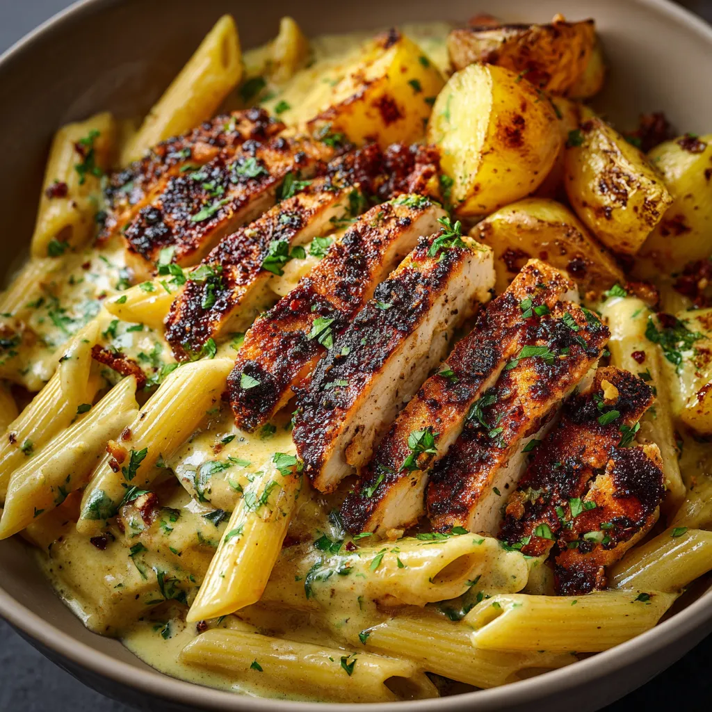 Delicious herb-infused grilled chicken served with creamy pasta and perfectly roasted potatoes on a cozy table setting.