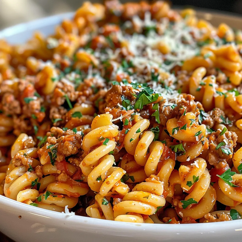 Side view of a colorful serving of Instant Pot ground turkey pasta.