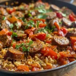 Close-up of a skillet filled with Italian sausage and rice, garnished with parsley.