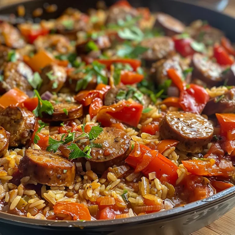 Close-up of a skillet filled with Italian sausage and rice, garnished with parsley.