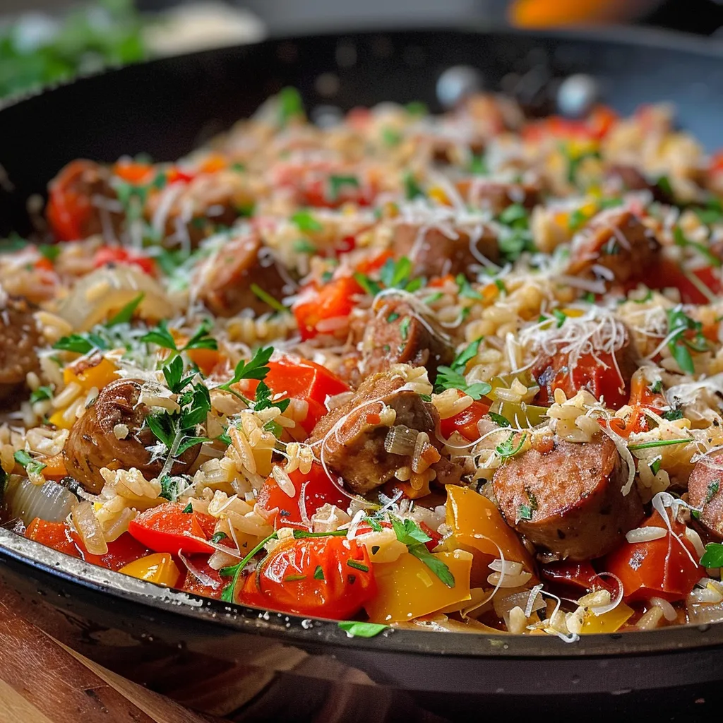 Side view of a delicious Italian sausage and rice dish in a skillet, showcasing vibrant ingredients.