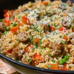Close-up view of a bowl of Italian sausage rice with vibrant ingredients.