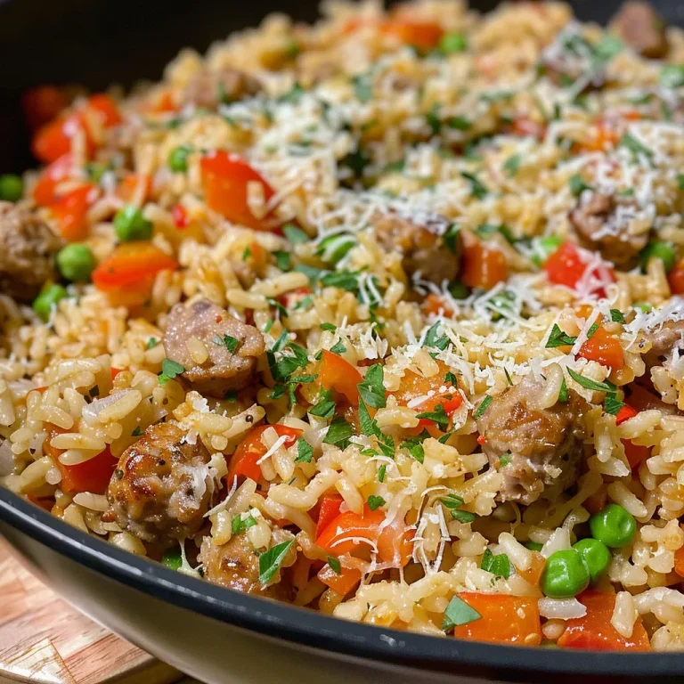 Close-up view of a bowl of Italian sausage rice with vibrant ingredients.