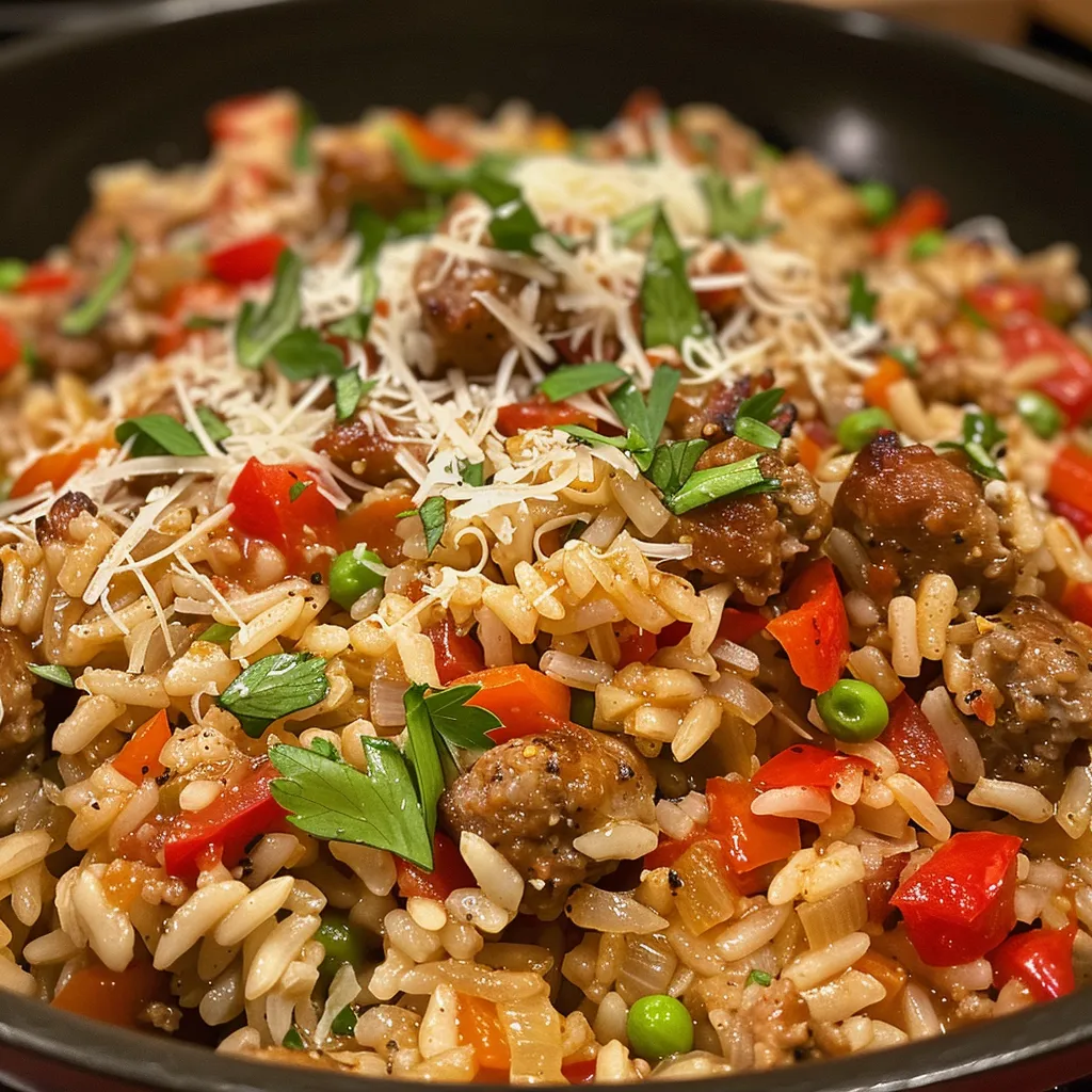 Juicy Italian sausage rice featuring diced vegetables and herbs in a bowl.