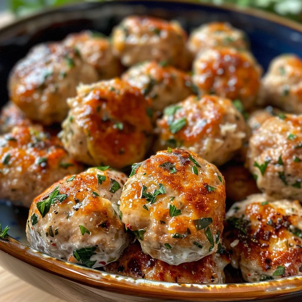 Side view of tender turkey meatballs coated in a rich, creamy sauce.