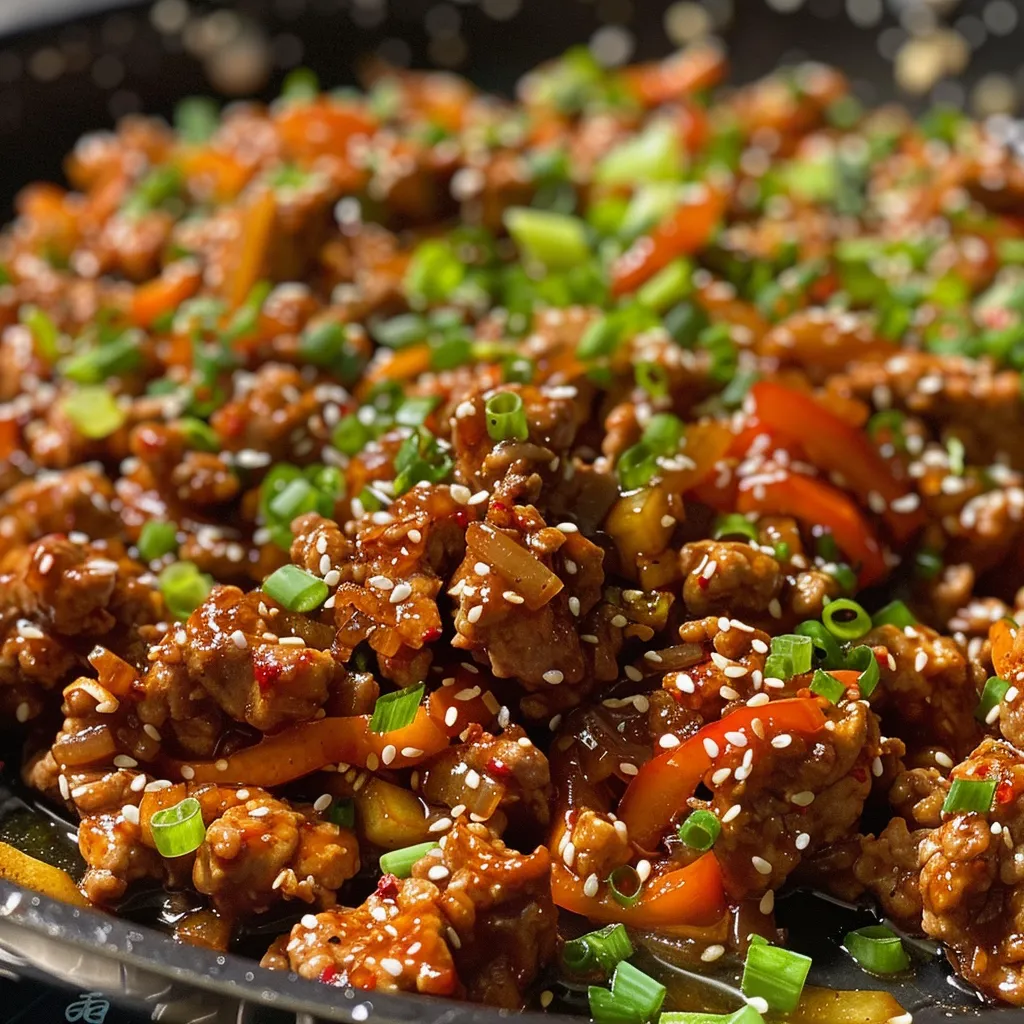Close-up view showing a delicious serving of ground turkey, highlighted with colorful ingredients and garnishes.