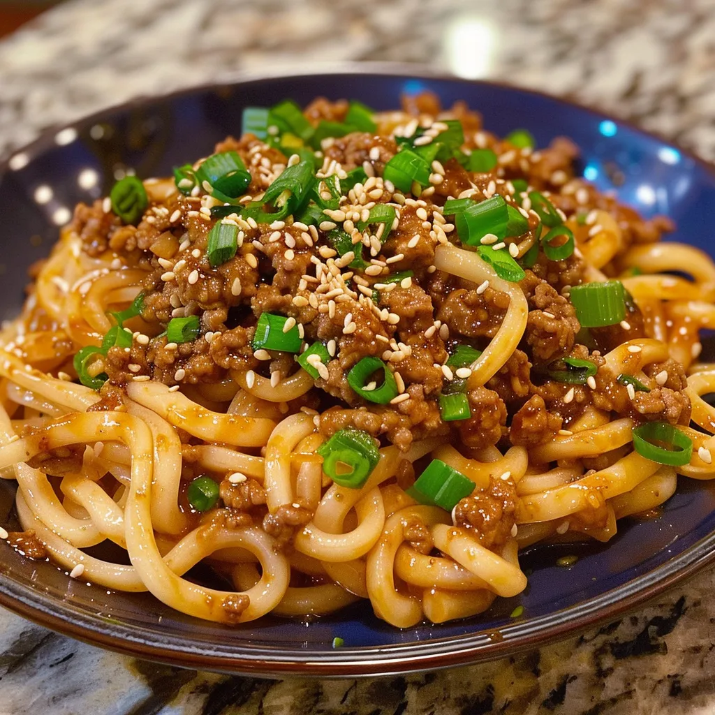 Side view of a delicious plate of Mongolian Ground Beef Noodles, highlighting the texture of the noodles and beef.